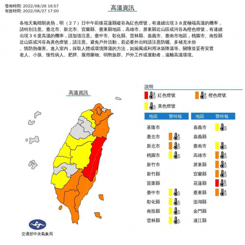 氣象局針對14縣市發布高溫燈號。（圖／氣象局）